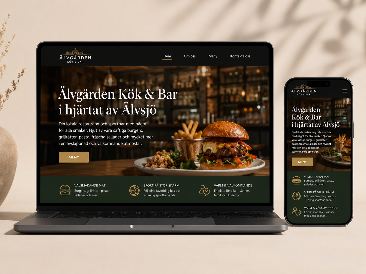 Älvgården Kök och Bar webbplats presenterad på laptop och mobil