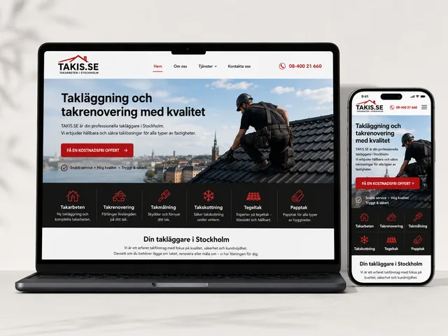 Takis webbplats presenterad på laptop och mobil
