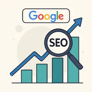 Illustration av växande stapeldiagram och uppåtgående blå pil med förstoringsglas och texten SEO, som symboliserar ökad organisk trafik och bättre Google-ranking.