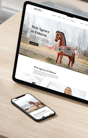Dalarna-mockup Mockup av hemsida för webbyrå i Dalarna på surfplatta och mobil med traditionell röd dalahäst och Faluröda stugor i bakgrunden – Canvol skapar moderna, SEO-optimerade hemsidor.