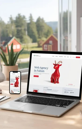 Mockup av hemsida för webbyrå i Falun som visas på laptop och mobil, med traditionell röd Falu bocken-figur och Faluröda stugor i bakgrunden – Canvol skapar moderna, SEO-optimerade hemsidor och digital marknadsföring.